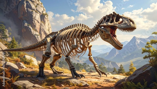A complete and anatomically correct dinosaur skeleton of a large carnivorous theropod posed in a dramatic prehistoric mountain landscape
