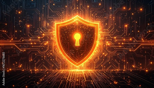 Futuristic concept of digital cybersecurity and data protection with a glowing orange shield over an electronic circuit network background