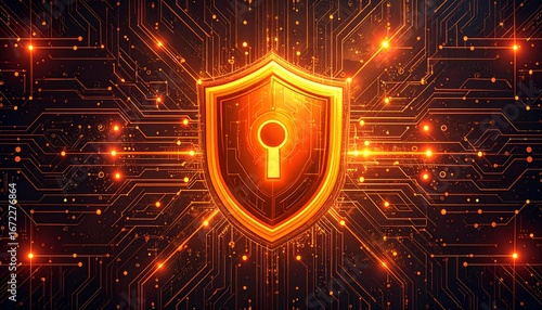 Robust digital security shield with keyhole icon protecting valuable data on a futuristic glowing circuit board network, symbolizing advanced cyber defense and system integrity