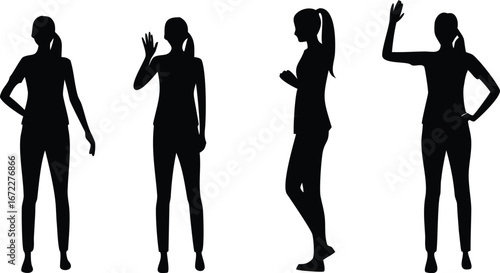silhouette of a young woman waving hand standing