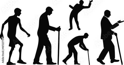 silhouette set of elderly man walking stick stan