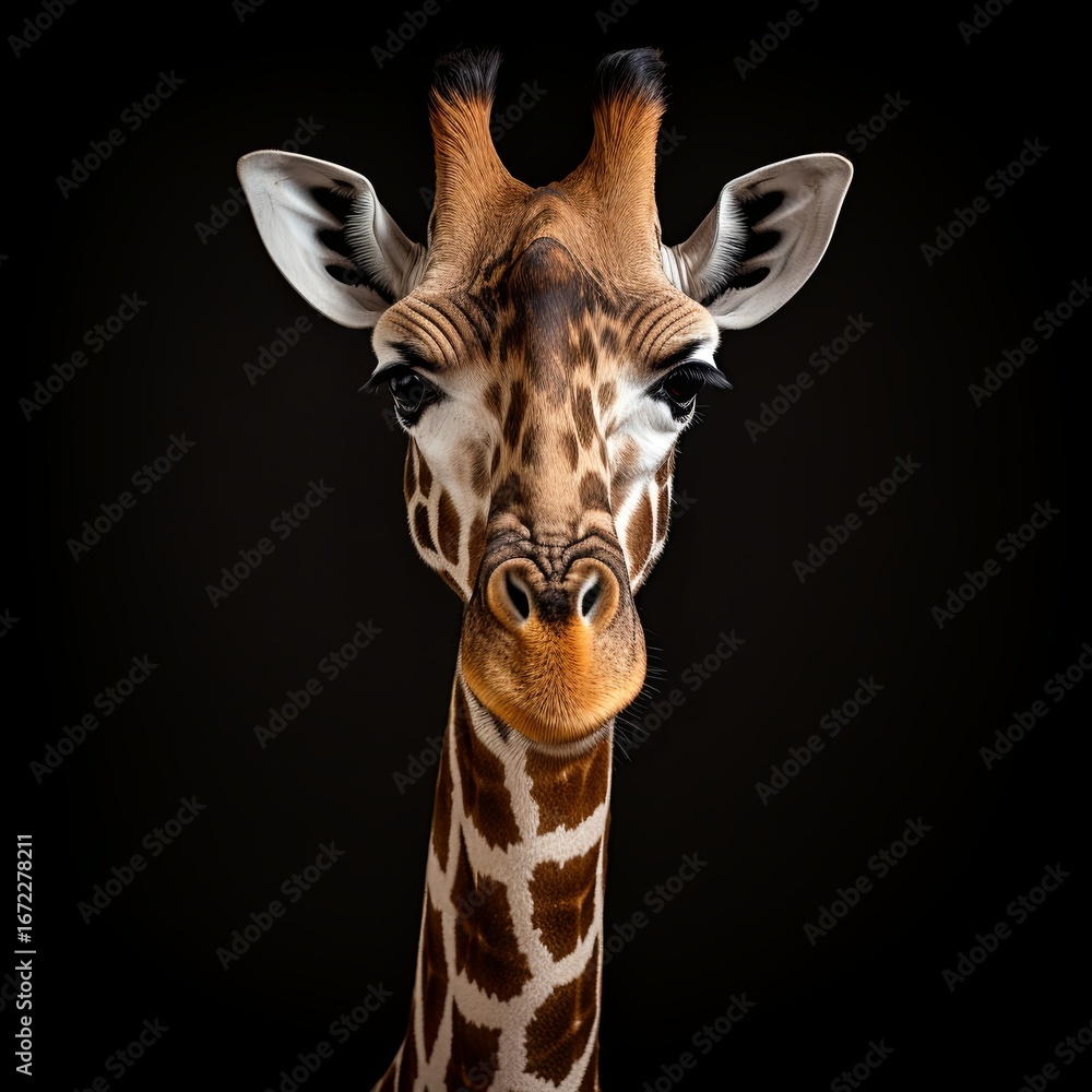 Fototapeta premium Elegant Giraffe Portrait Against a Deep Black Backdrop Majestic Wildlife