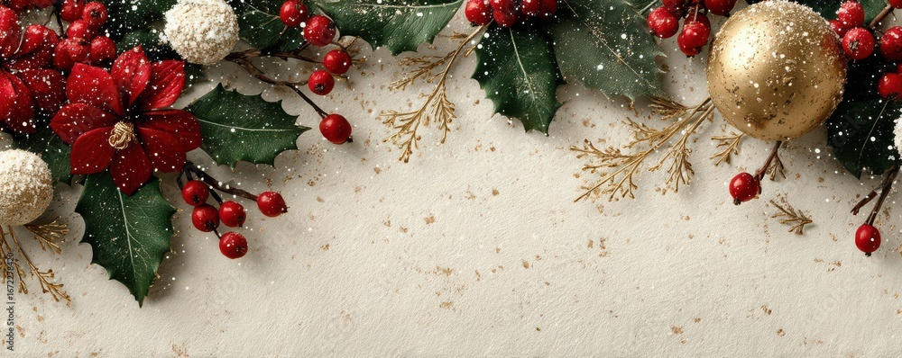 custom made wallpaper toronto digitalFestive Christmas Arrangement with Berries, Holly, Gold Ornaments, and Snow on White