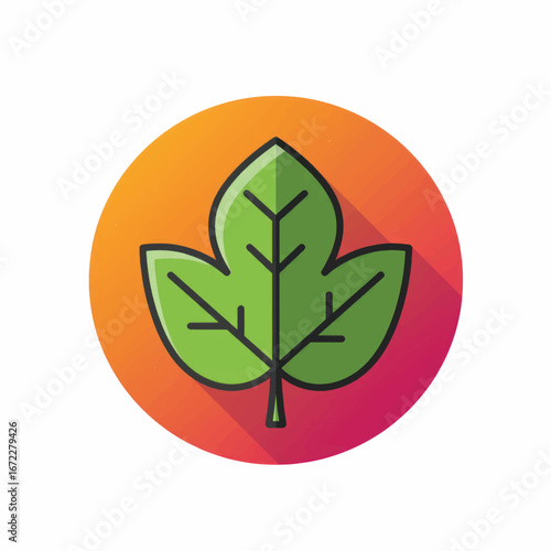 Green three-lobed leaf icon in a flat design style with a long shadow set against a vibrant orange and pink circular gradient.