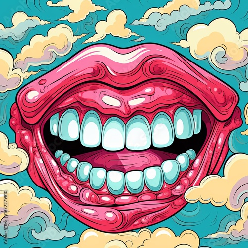 Surreal Sky Mouth A Whimsical Pop Art Illustration Full of Teeth Floating in the Clouds