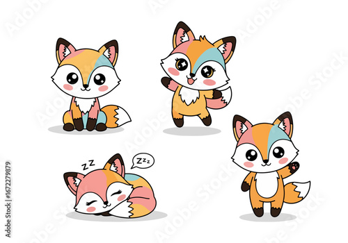 Sweet pastel foxes group with sleeping fox and smiling fox for nursery decor