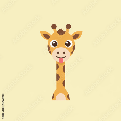 Cute cartoon giraffe character with big eyes and brown spots sticking its tongue out playfully.