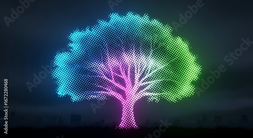 Vibrant futuristic tree illuminated by a gradient of neon colors symbolizing growth