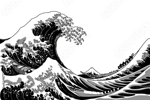 The Great Wave off Kanagawa Inspired Monochrome Art Print with Boats and Mount Fuji in the Background Ocean Art