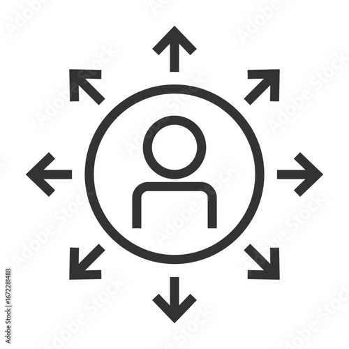 A figure inside a circle surrounded by radiating arrows pointing in various directions. Editable stroke. Vector illustration