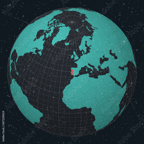 Portugal on Globe. Vintage look with grunge scratched texture. Country view on world map in Dark Charcoal Turquoise color palette. Portugal shape on map. Globe with meridians and parallels.