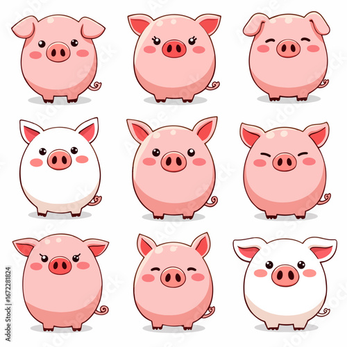 Piglet Parade, Nine cute pig characters arranged in a tidy pattern, ready to march.