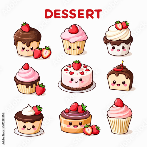 A charming dessert parade, a playful vector of cute cakes and pastries in sweet, glossy colors.