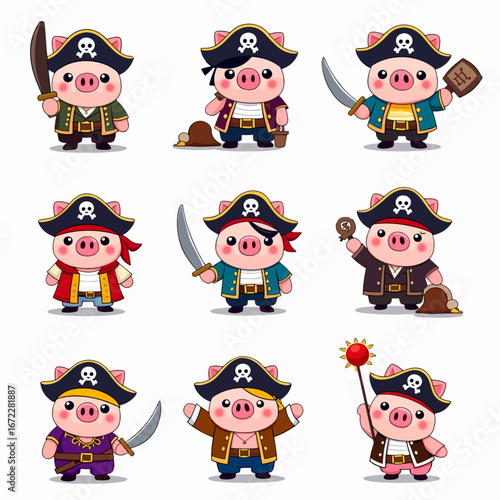 Cute Pirate Pig Characters Set in Cartoon Style for Kids, Adventurous, Fun, and Playful