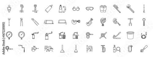 Plumber Tools Line Icons Pack Thin Outline Vector Plumbing Icons Minimal 1.5px Stroke SVG, PNG, EPS for Repair, Maintenance, Construction