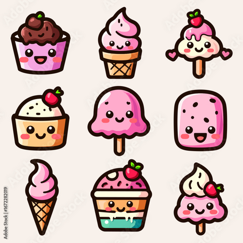 Cute Kawaii Dessert Icons Set Featuring Cupcake, Icecream, Popsicle, and Cake Cartoon Characters