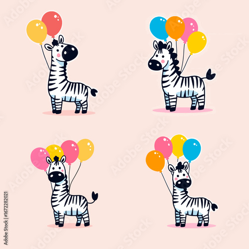 Set zebra with Colorful Tail & Helium Balloons for Cute & Kawaii Illustration