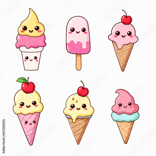 Colorful ice cream and dessert icons set with various sweet treats