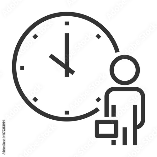 Clock next to person holding briefcase. Editable stroke. Vector illustration