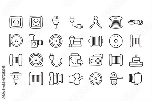 Power Plug and Cable Outline Vector Icons with Coils Sockets and Connectors