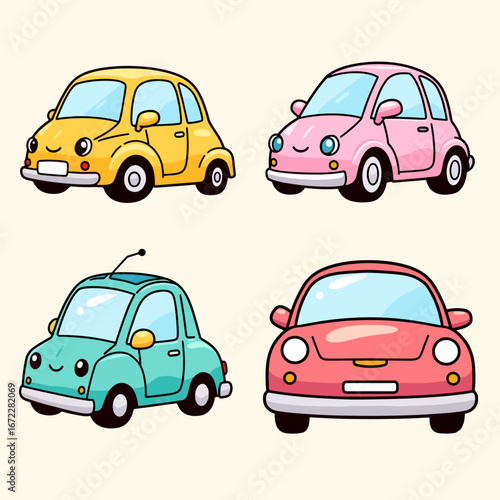 Transport vehicles set showing smiling cute automobile kawaii characters