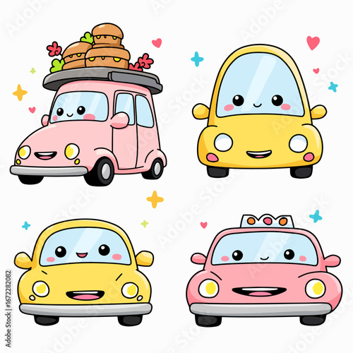 Transport vehicles set showing smiling cute automobile kawaii characters