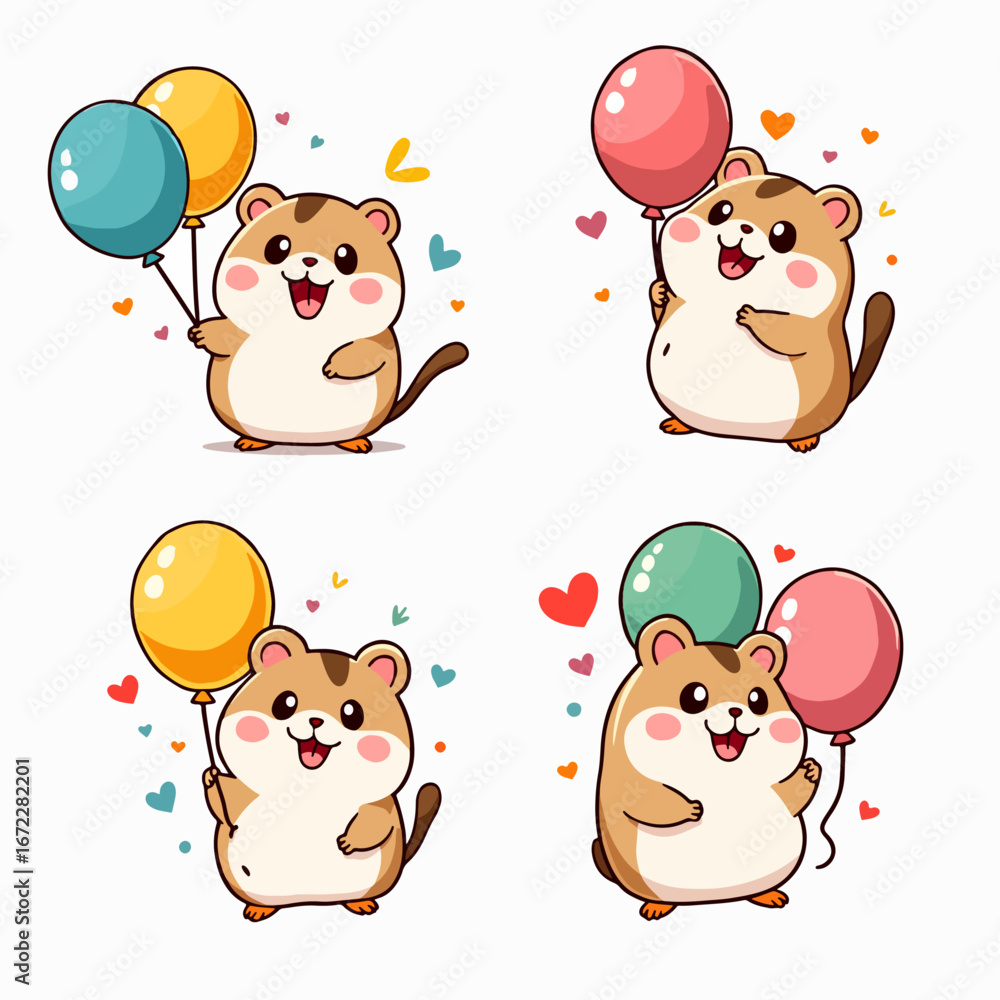 Naklejka premium Cute Hamsters With Balloons Celebrating Joyful Party Moment For Fun, Family, And Friends