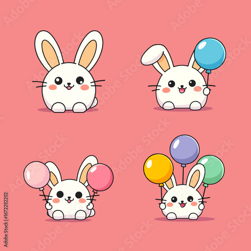 Adorable Rabbit with Colorful Tail & Helium Balloons for Cute & Kawaii Illustration