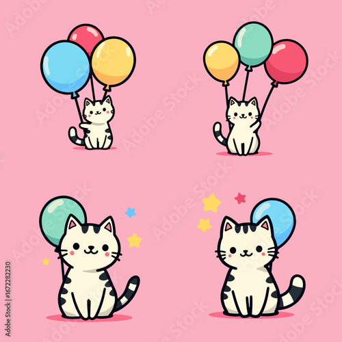 Adorable Kitty with Colorful Tail & Helium Balloons for Cute & Kawaii Illustration