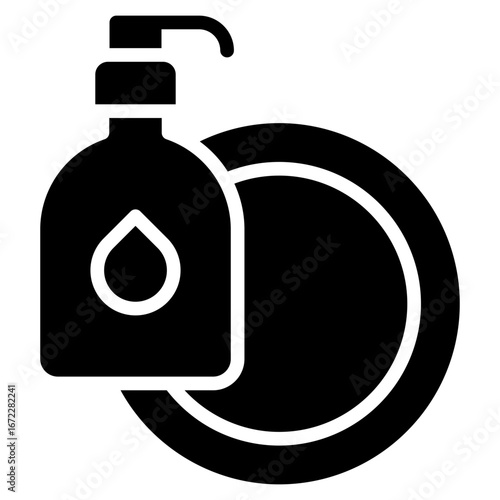 Soap Bottle Glyph Black Silhouette Icon Design Vector - Soap dispenser with a dish representing hygiene, washing, and disinfection