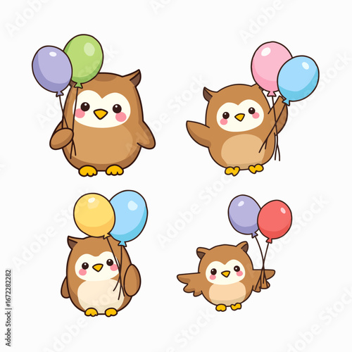 Set owl with Colorful Tail & Helium Balloons for Cute & Kawaii Illustration