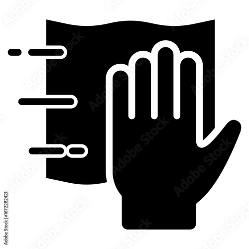 Cleaning Cloth Glyph Black Silhouette Icon Design Vector - Hand holding cloth wiping surface symbolizing sanitation and hygiene