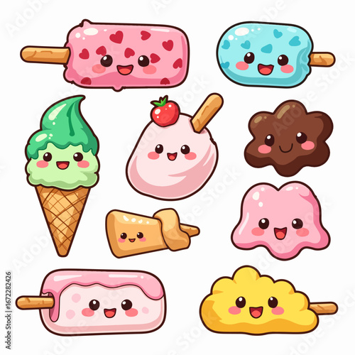 Colorful ice cream and dessert icons set with various sweet treats