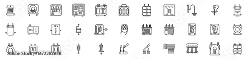 Electric Substation Tools and Equipment Line Icon Set  Power Transformer, Circuit Breaker, Current Transformer, Control Panel, Battery Bank, High Detail  Stroke Vector Pack vector illustration 