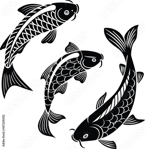 Three stylized black and white koi fish swimming in a dynamic pattern against a clean white background