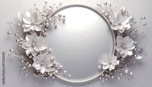 Elegant white flowers and pearls adorn a silver circular frame, creating a sophisticated and refined design.