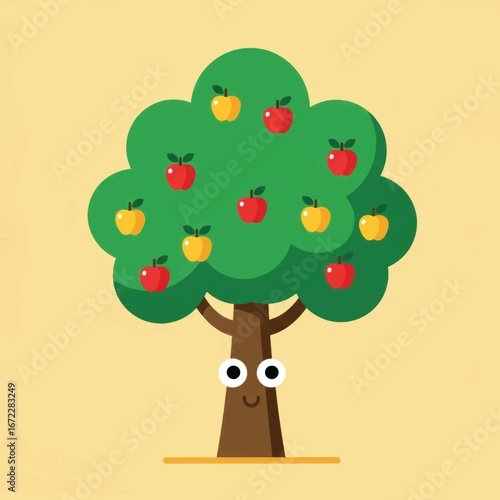 Friendly cartoon apple tree character with big eyes and colorful red and yellow fruit.