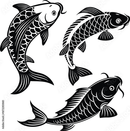 Three stylized black and white japanese koi fish swimming in a dynamic arrangement on a white background