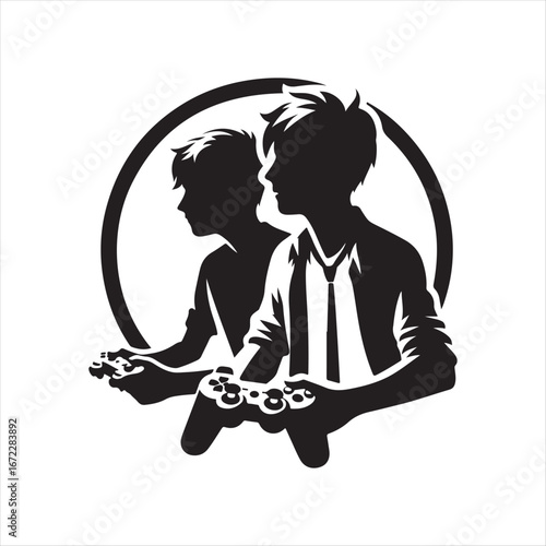 Teenager gaming with controller vector silhouette line art logo design concept abstract illustration