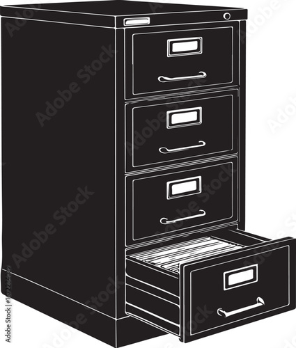 Black silhouette of a four-drawer metal filing cabinet with one drawer open office furniture storage