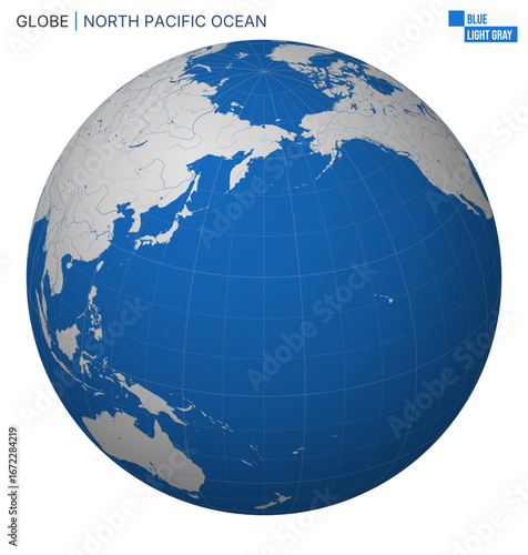 Vector Globe centered to North Pacific Ocean. Blue Light Gray palette. World map with meridians, parallels, countries, rivers and lakes. Charming vector illustration.