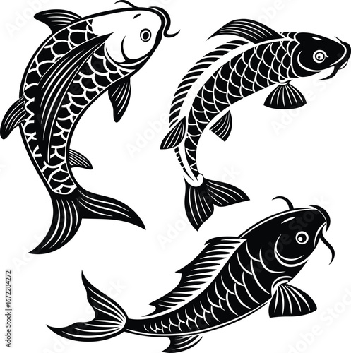 Three stylized black and white japanese koi fish swimming in a dynamic arrangement against a clean white background