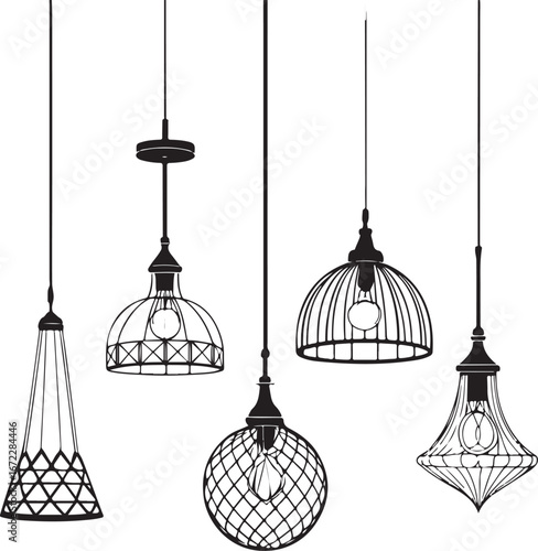 Collection of five different vintage style pendant light fixtures on white hanging lamp ceiling light