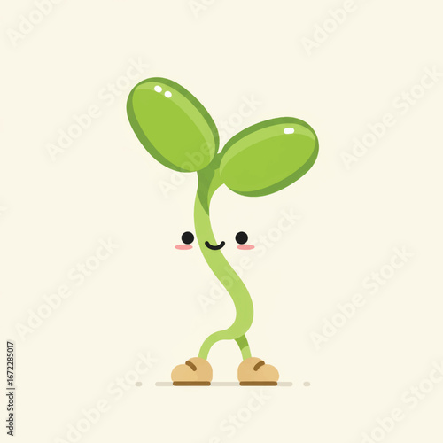 Cute kawaii green sprout character with a happy smiling face and brown shoes.