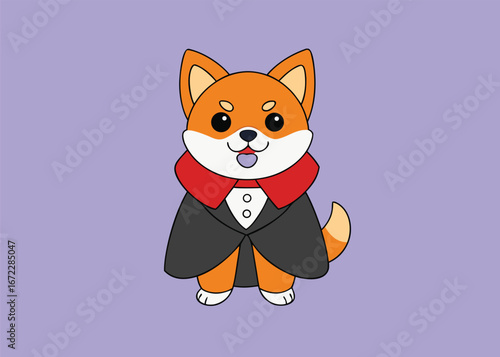 Cute Shiba Inu puppy dressed in a tuxedo with a red collar