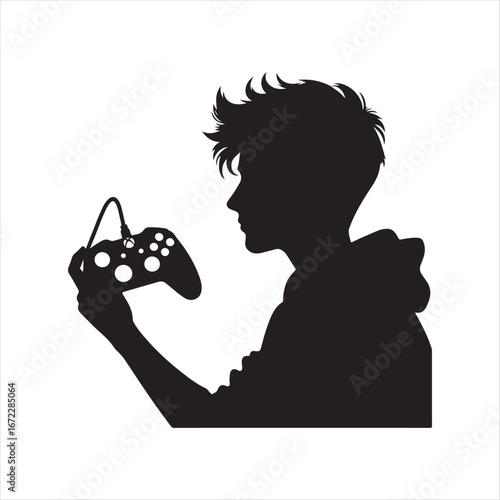 Teenager gaming with controller vector silhouette line art logo design concept illustration
