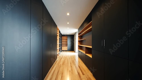 Modern hallway with dark gray cabinetry and light wooden flooring.
