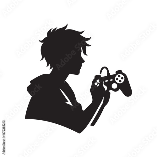 Teenager gaming with controller vector silhouette line art logo design concept illustration