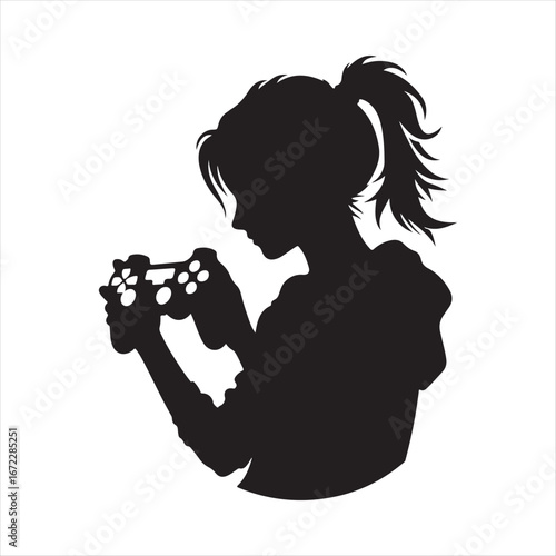 Teenager gaming with controller vector silhouette line art logo design concept illustration