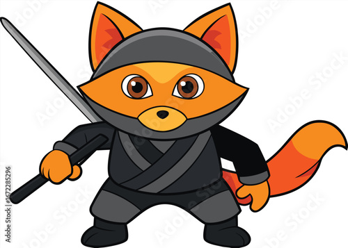 Cartoon fox ninja warrior with sword ready for battle isolated on white